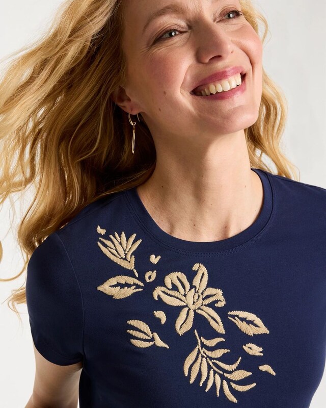 Cotton Stretch Cap Sleeve Embroidered Tee - image 4